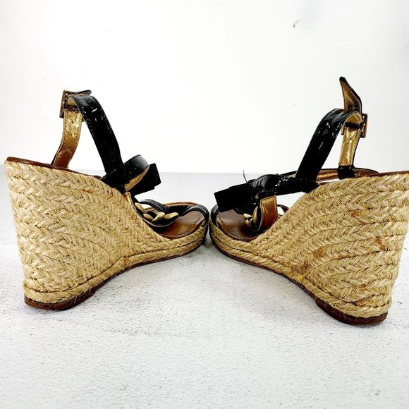 KATE SPADE Wedge Black Leather Espadrilles Sandals 8 Gold Chain Open Toe - Picture 13 of 14